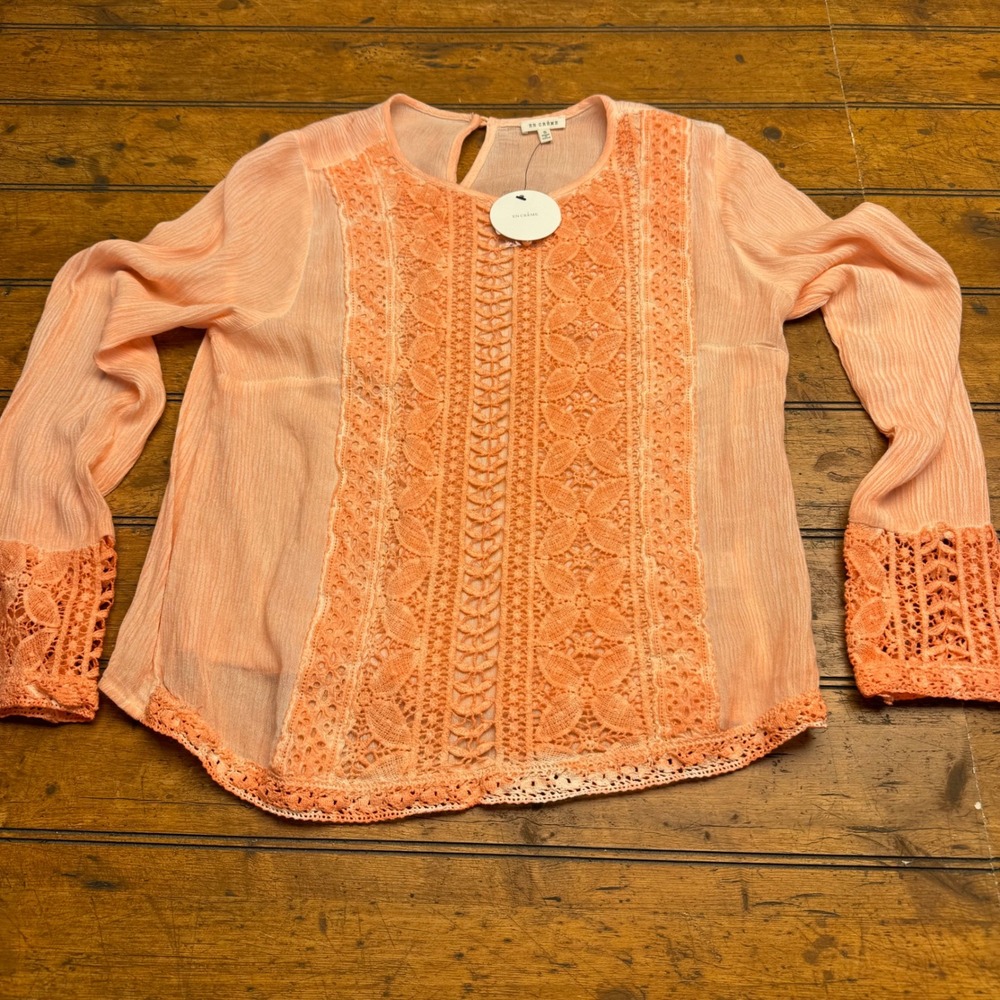 EN CREME Peach Crochet Lace Long Sleeve Sheer Gauze Blouse Top Women‎ S